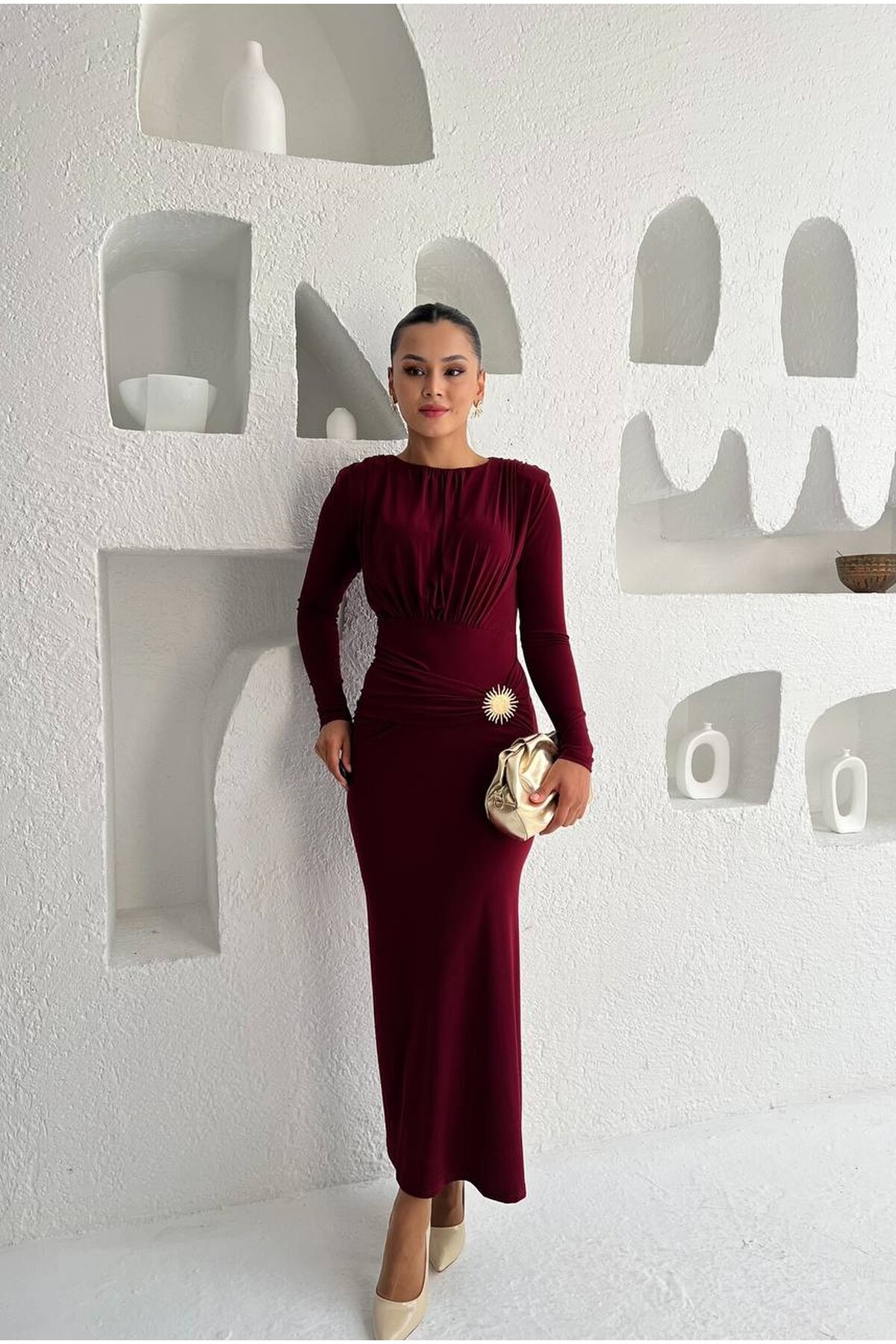 3839-BORDO DENİZ KABUĞU TOKALI SANDY KUMAŞ ELBİSE