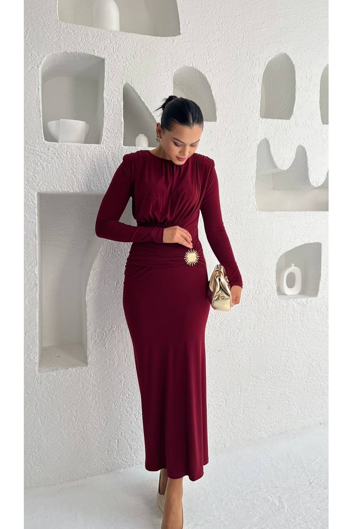 3839-BORDO DENİZ KABUĞU TOKALI SANDY KUMAŞ ELBİSE