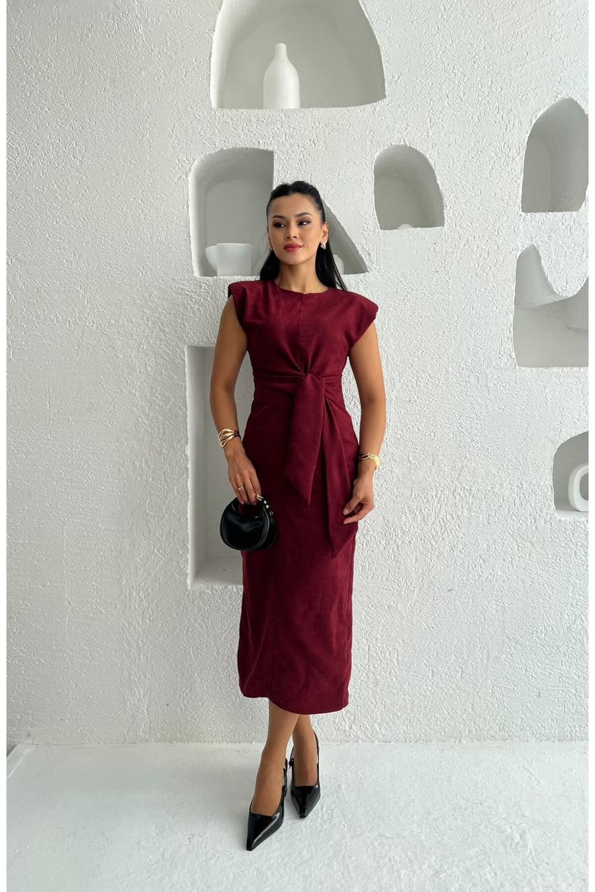 3842-BORDO  SÜET KUMAŞ KENDİNDEN KUŞAKLI ELBİSE