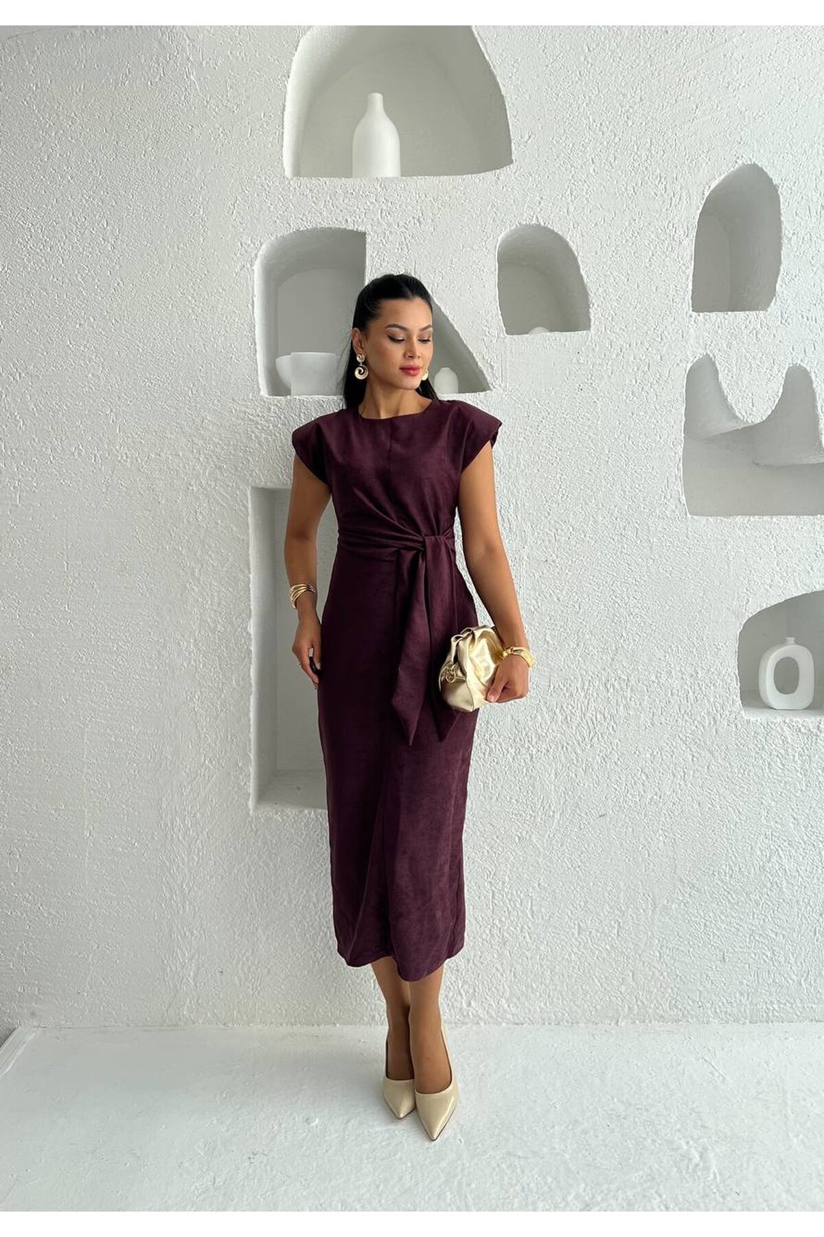 3842-MOR SÜET KUMAŞ KENDİNDEN KUŞAKLI ELBİSE