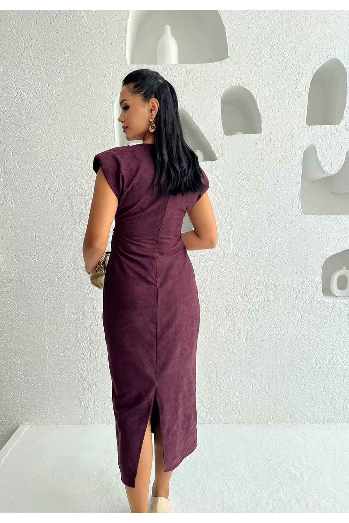 3842-MOR SÜET KUMAŞ KENDİNDEN KUŞAKLI ELBİSE