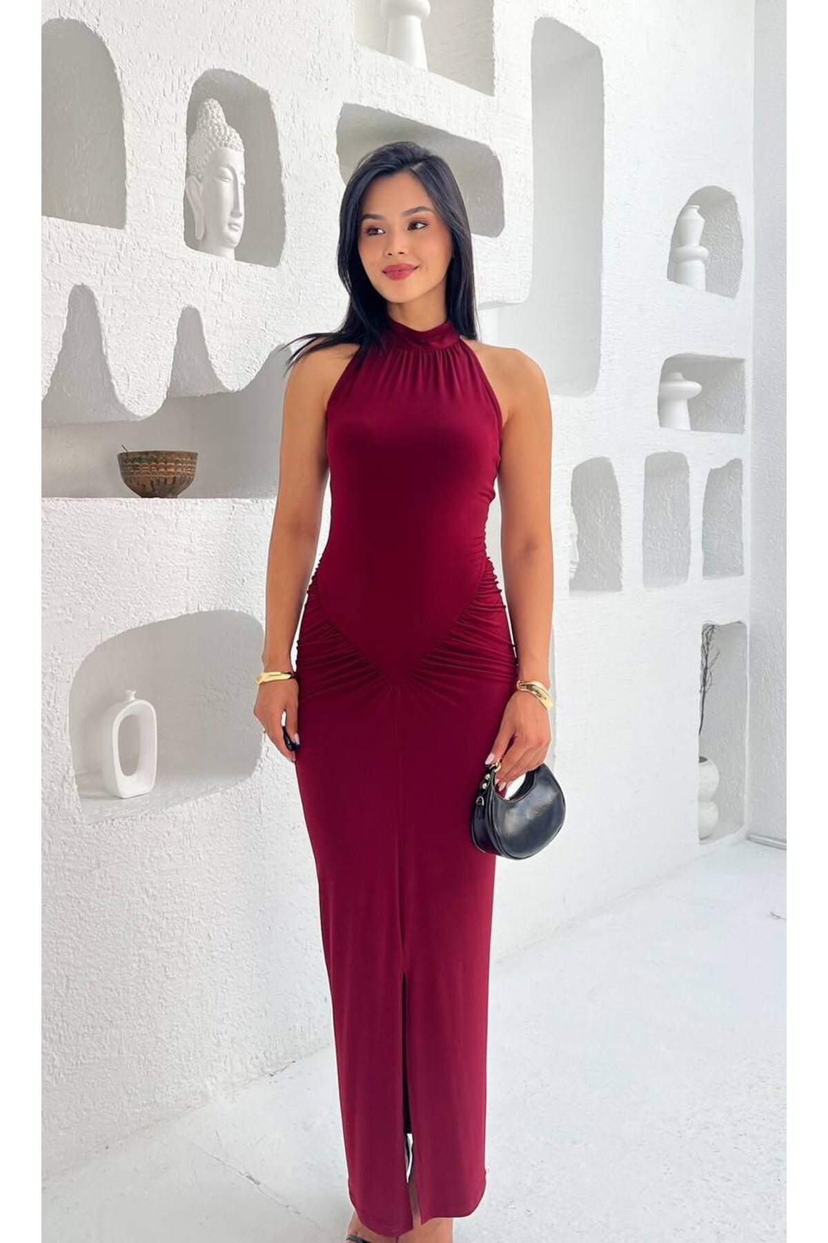 3844-BORDO YANLARI BÜZGÜLÜ BALIK ETEK ELBİSE