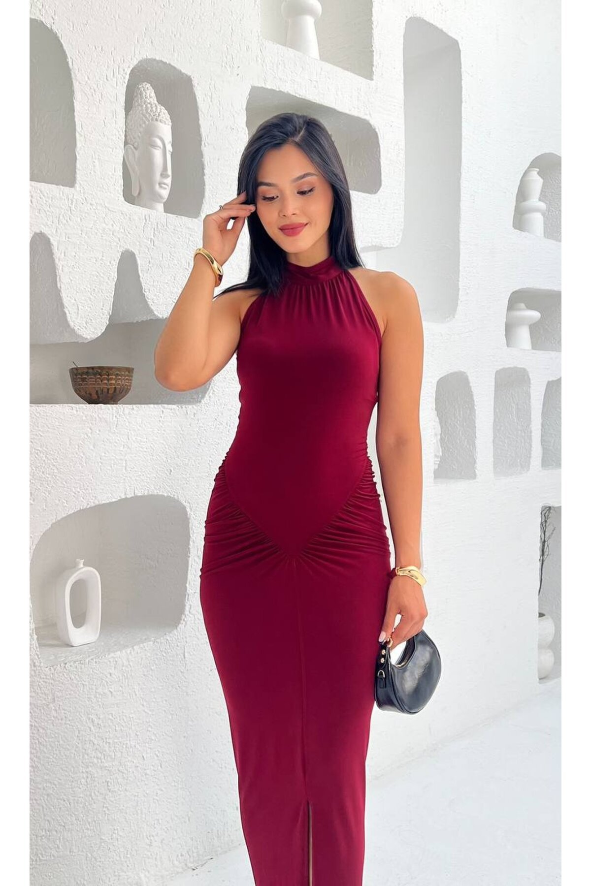 3844-BORDO YANLARI BÜZGÜLÜ BALIK ETEK ELBİSE