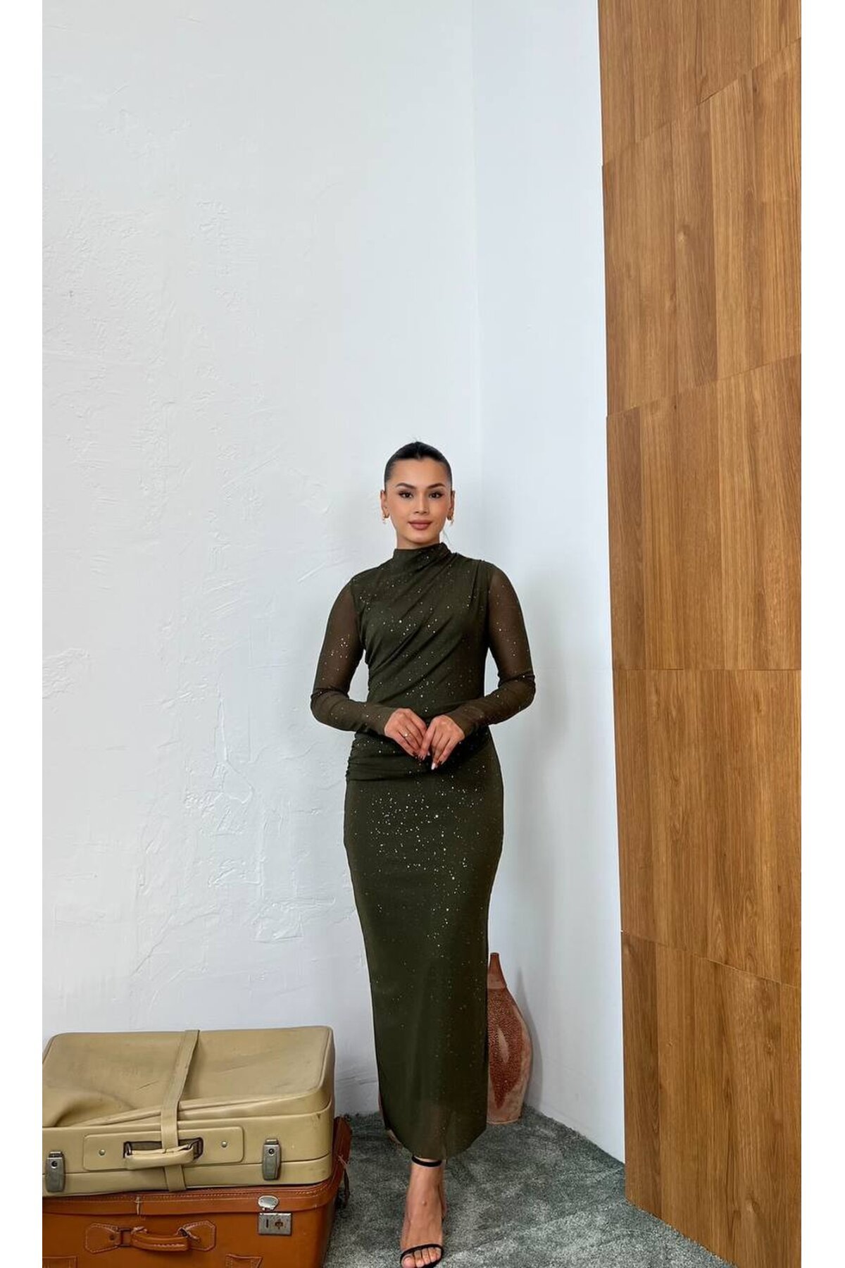3854-HAKİ SİMLİ TÜL ELBİSE