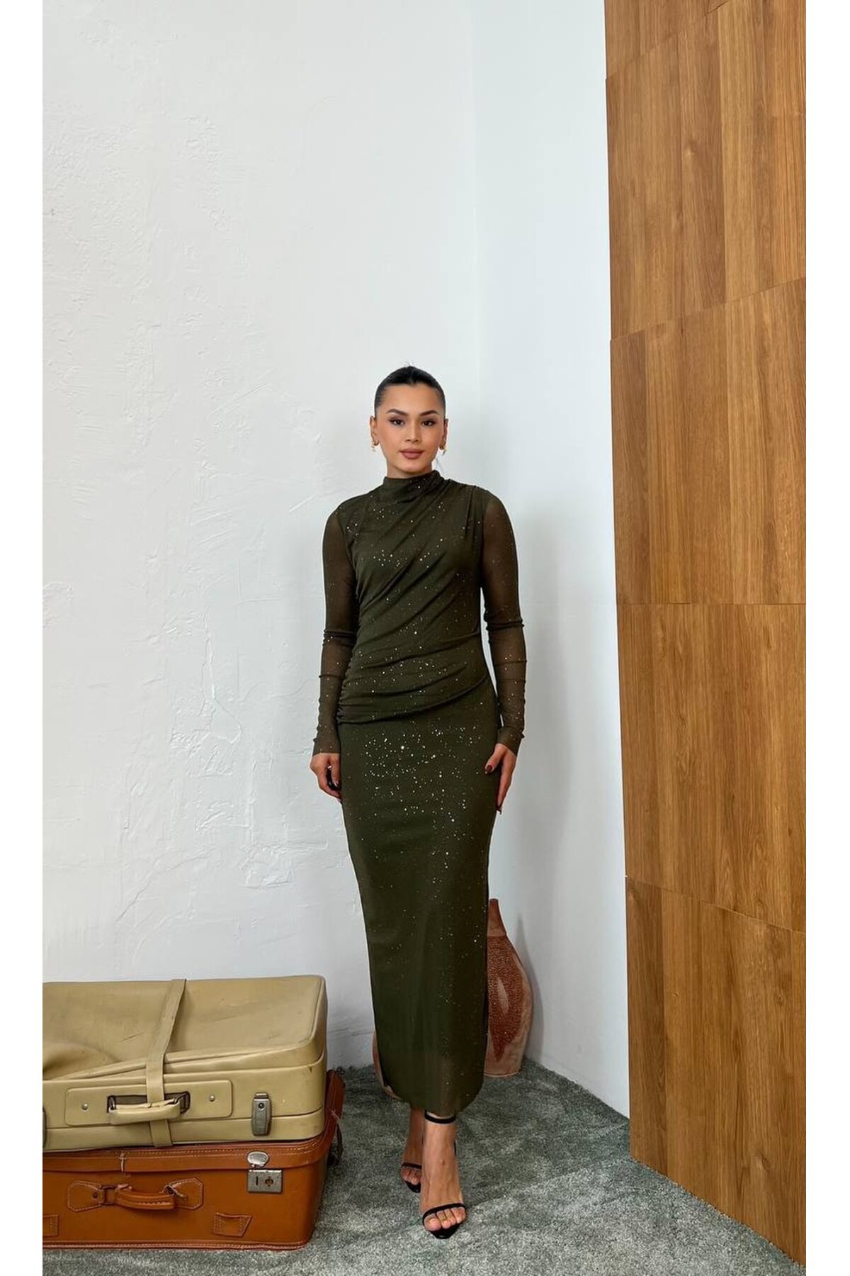 3854-HAKİ SİMLİ TÜL ELBİSE