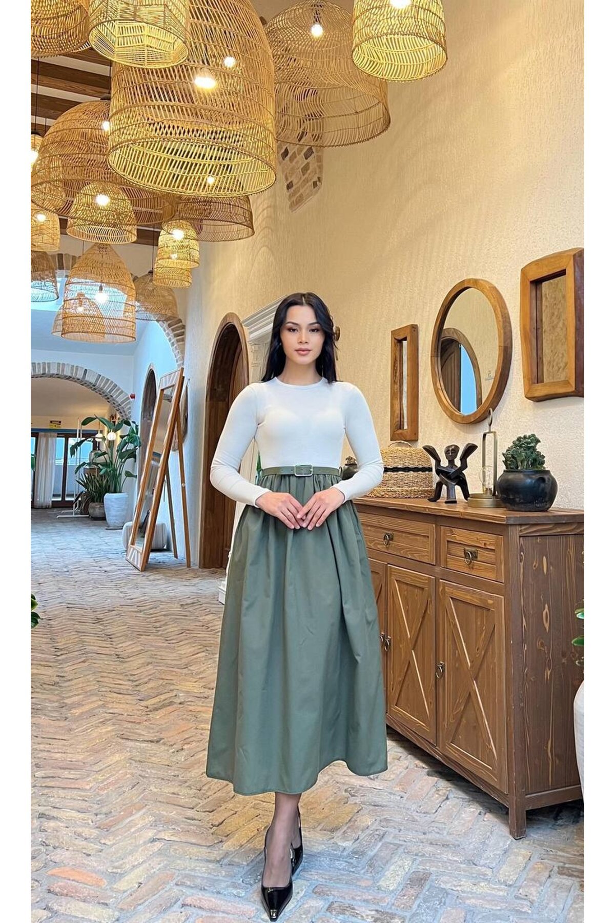 3857-BEJE HAKİ KAŞKORSE ALT POPLİN KEMERLİ ELBİSE