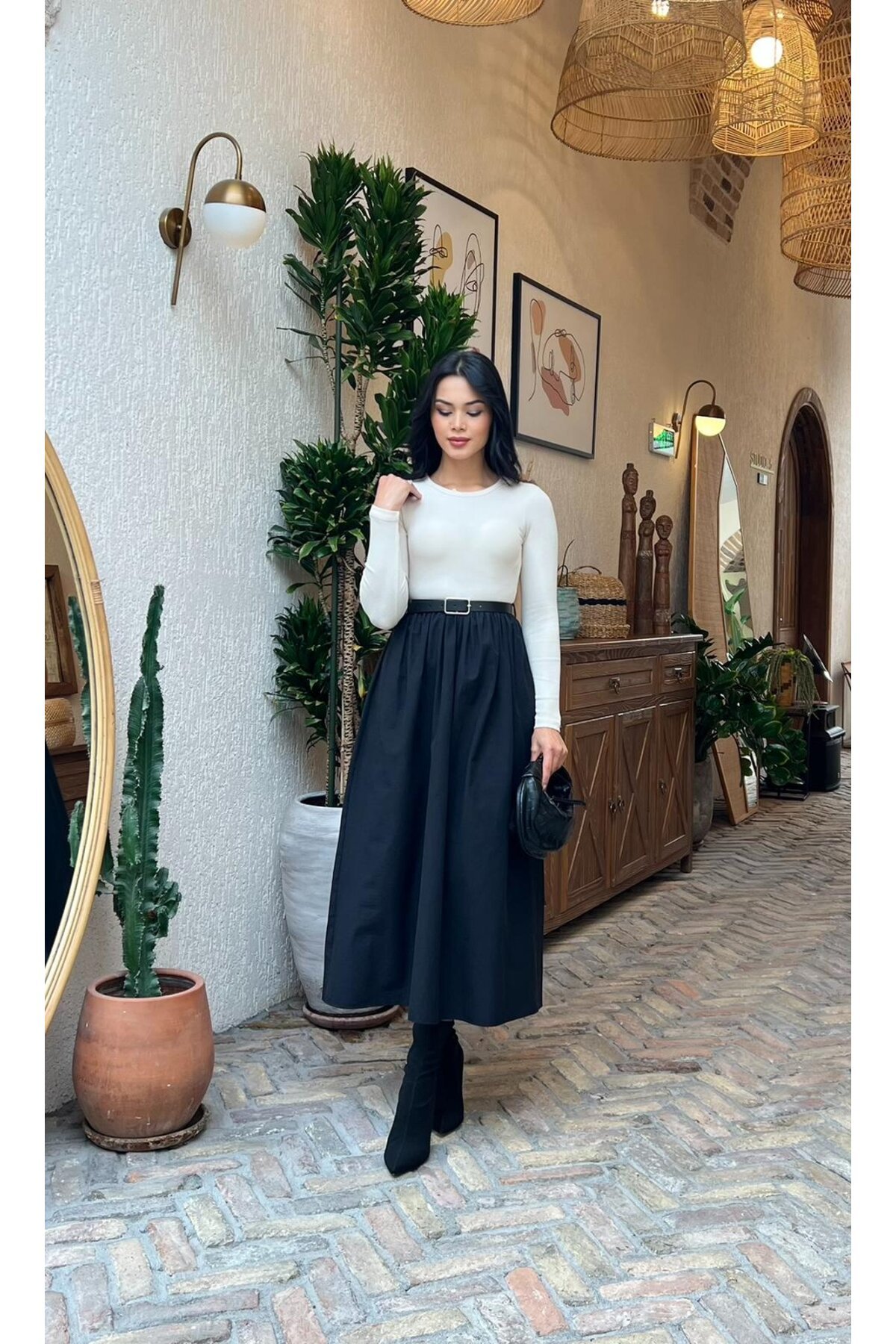 3857-BEJE SİYAH   ÜST KAŞKORSE ALT POPLİN KEMERLİ ELBİSE