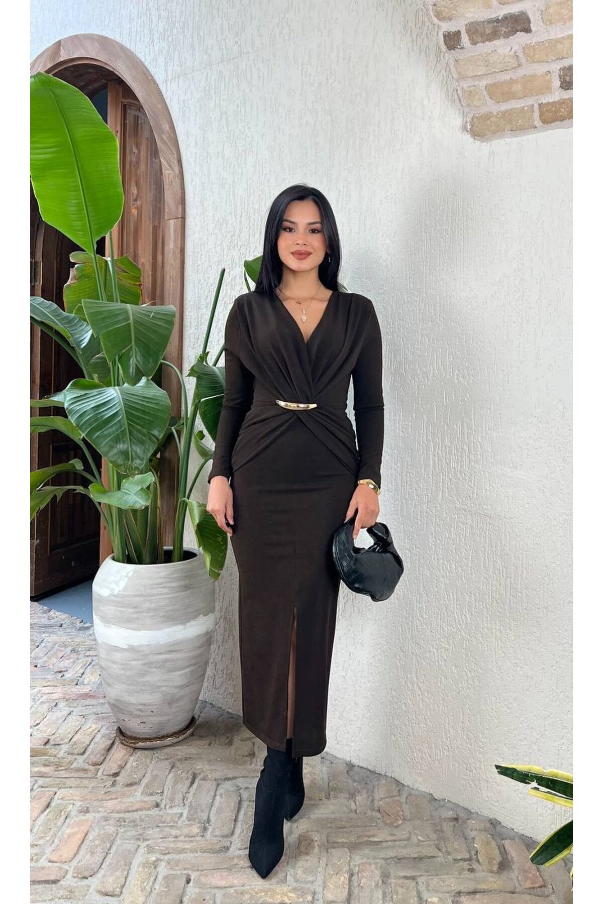 3862-KAHVE ÖNÜ DÜĞÜMLÜ TOKALI ELBİSE