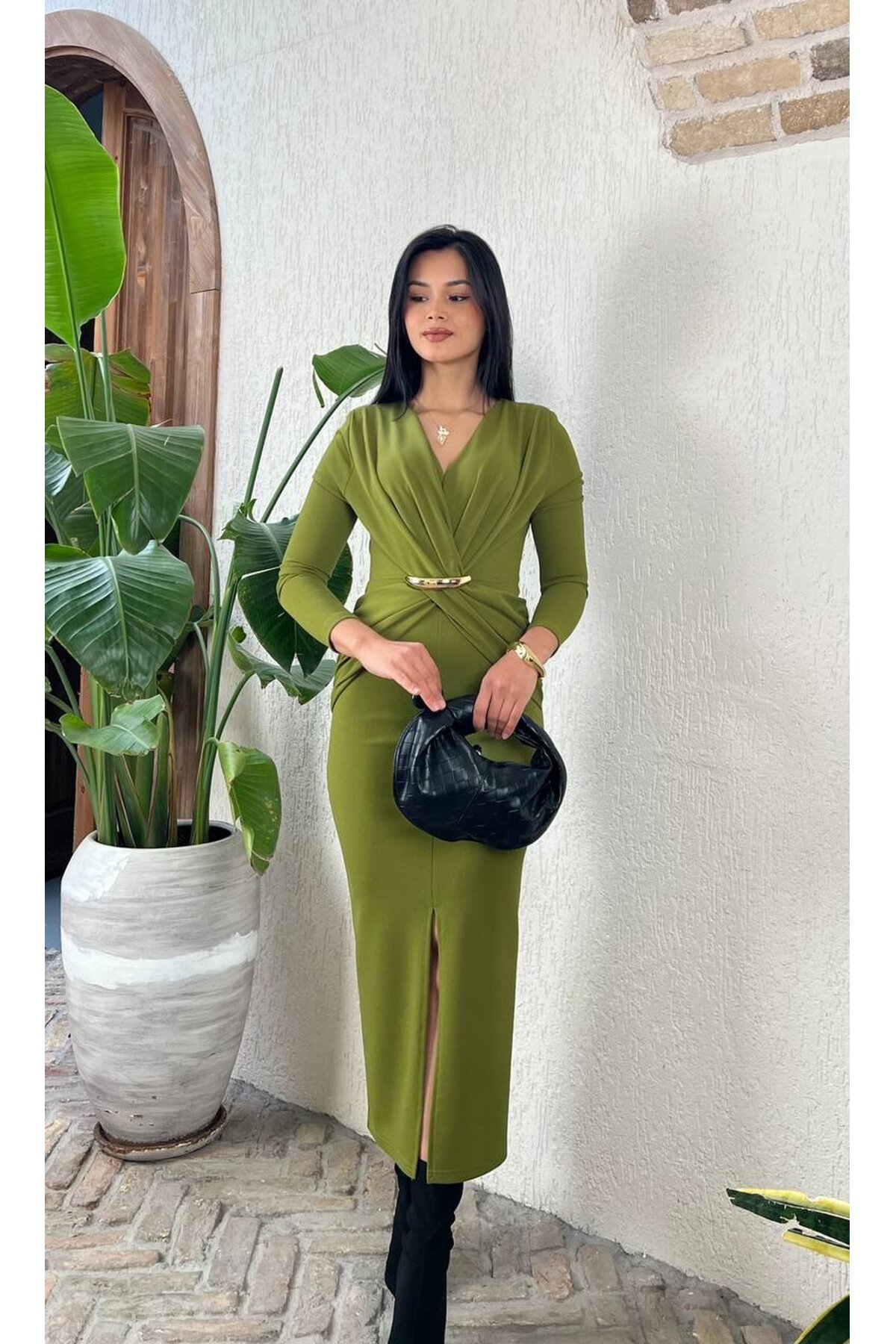 3862-OLİV ÖNÜ DÜĞÜMLÜ TOKALI ELBİSE