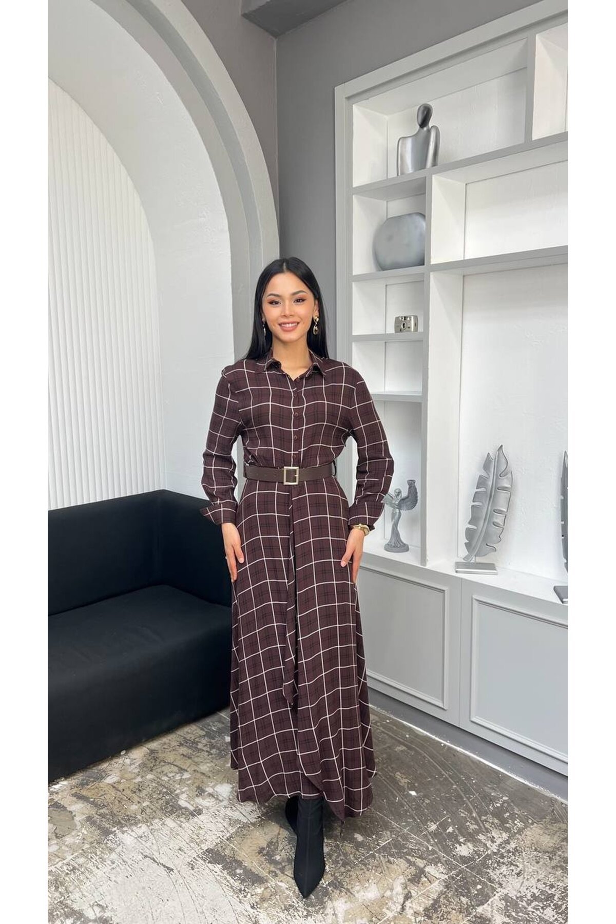 3868-KAHVERENGİ EKOSE DESEN FIRFIRLI GÖMLEK ELBİSE