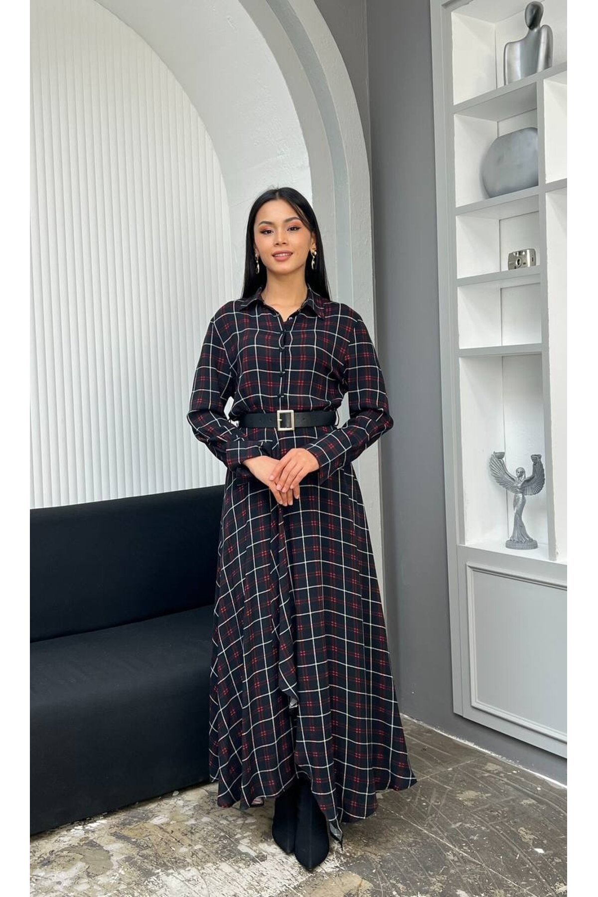 3868-SİYAH EKOSE DESEN FIRFIRLI GÖMLEK ELBİSE