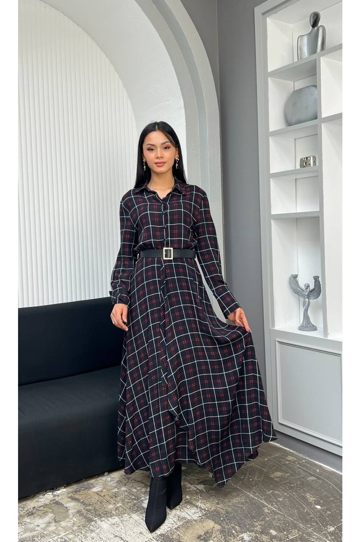 3868-SİYAH EKOSE DESEN FIRFIRLI GÖMLEK ELBİSE