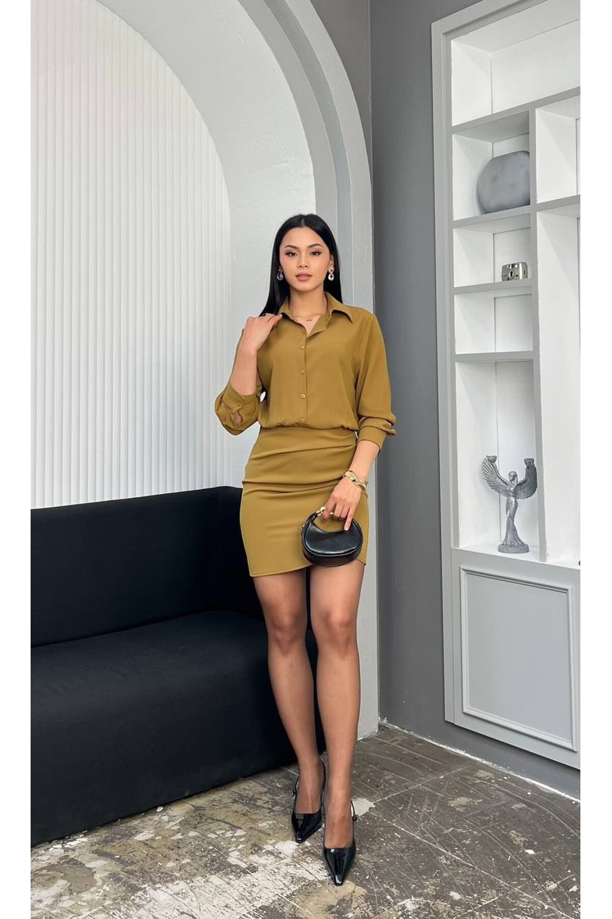 3869-HARDAL GÖMLEK YAKA DÜĞMELİ ETEĞİ DRAPELİ ELBİSE