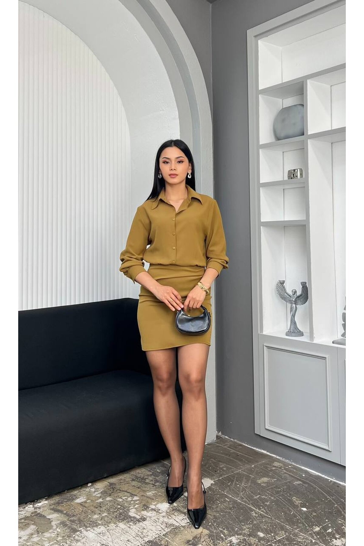 3869-HARDAL GÖMLEK YAKA DÜĞMELİ ETEĞİ DRAPELİ ELBİSE