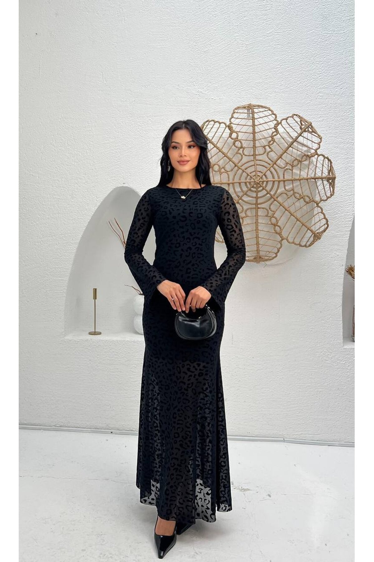 3874-SİYAH LEOPAR DESEN FLOK BASKI ELBİSE