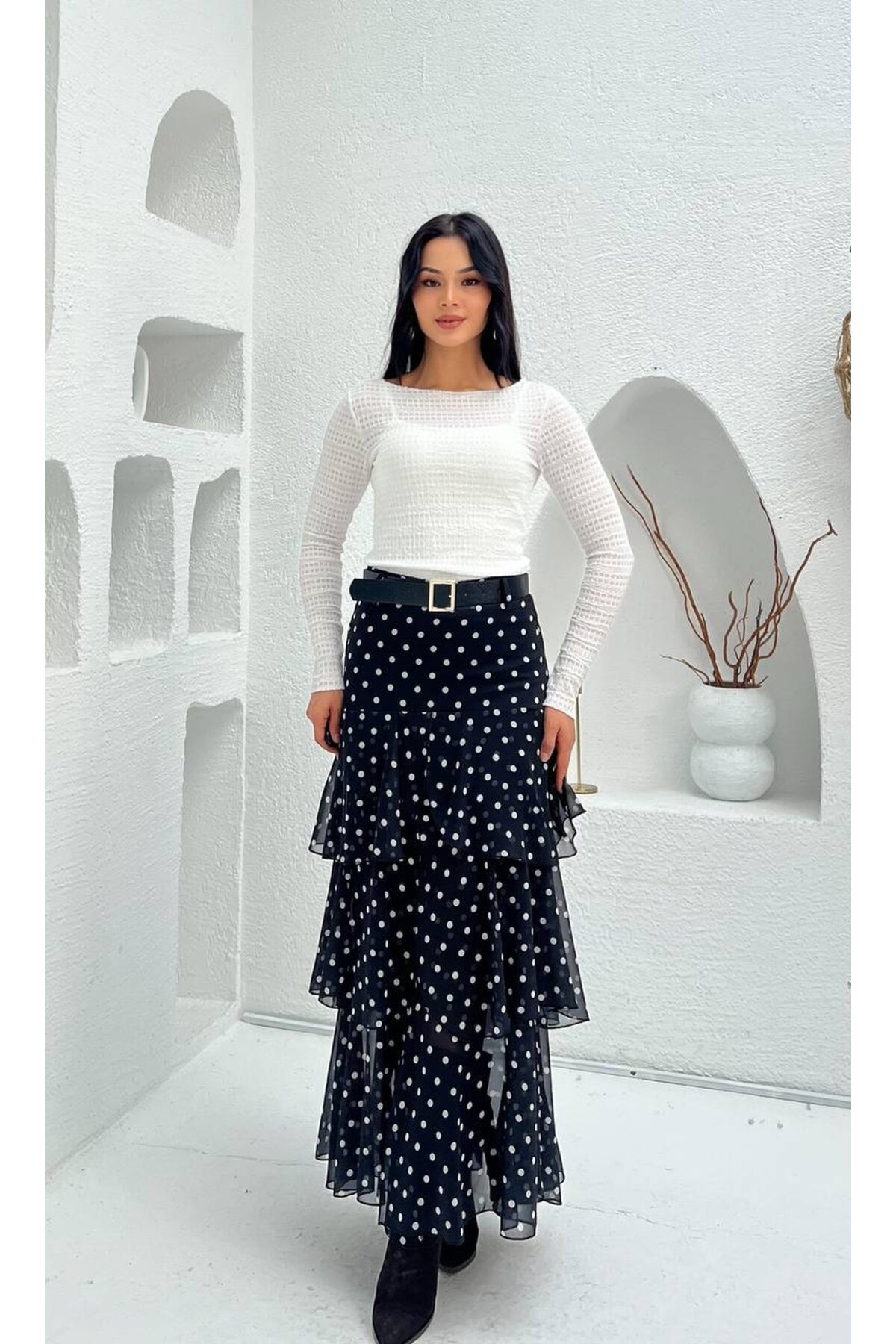 3877-SİYAH KAT KAT PUANTİYE DESEN  FIRFIRLI ŞİFON ETEK