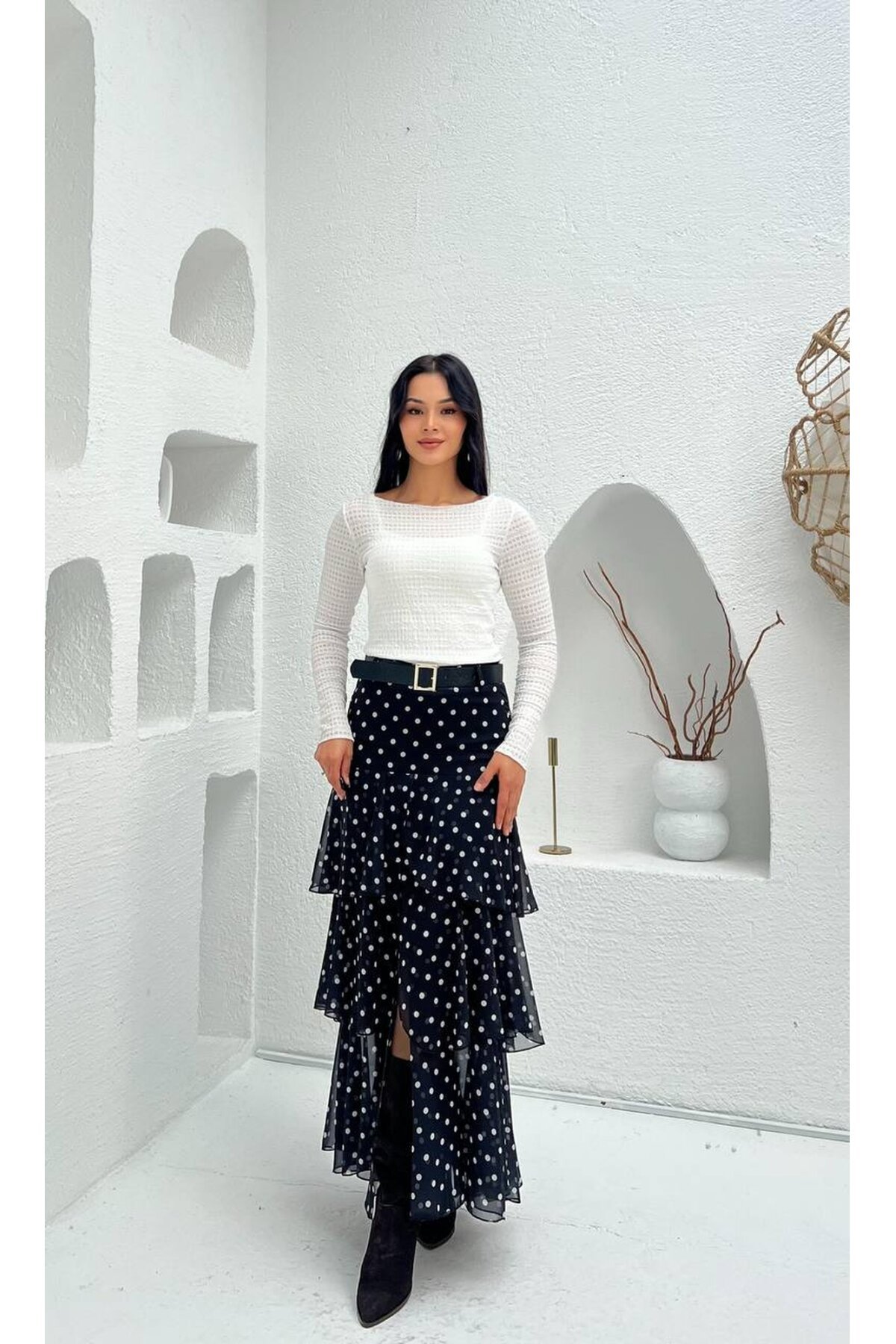 3877-SİYAH KAT KAT PUANTİYE DESEN  FIRFIRLI ŞİFON ETEK