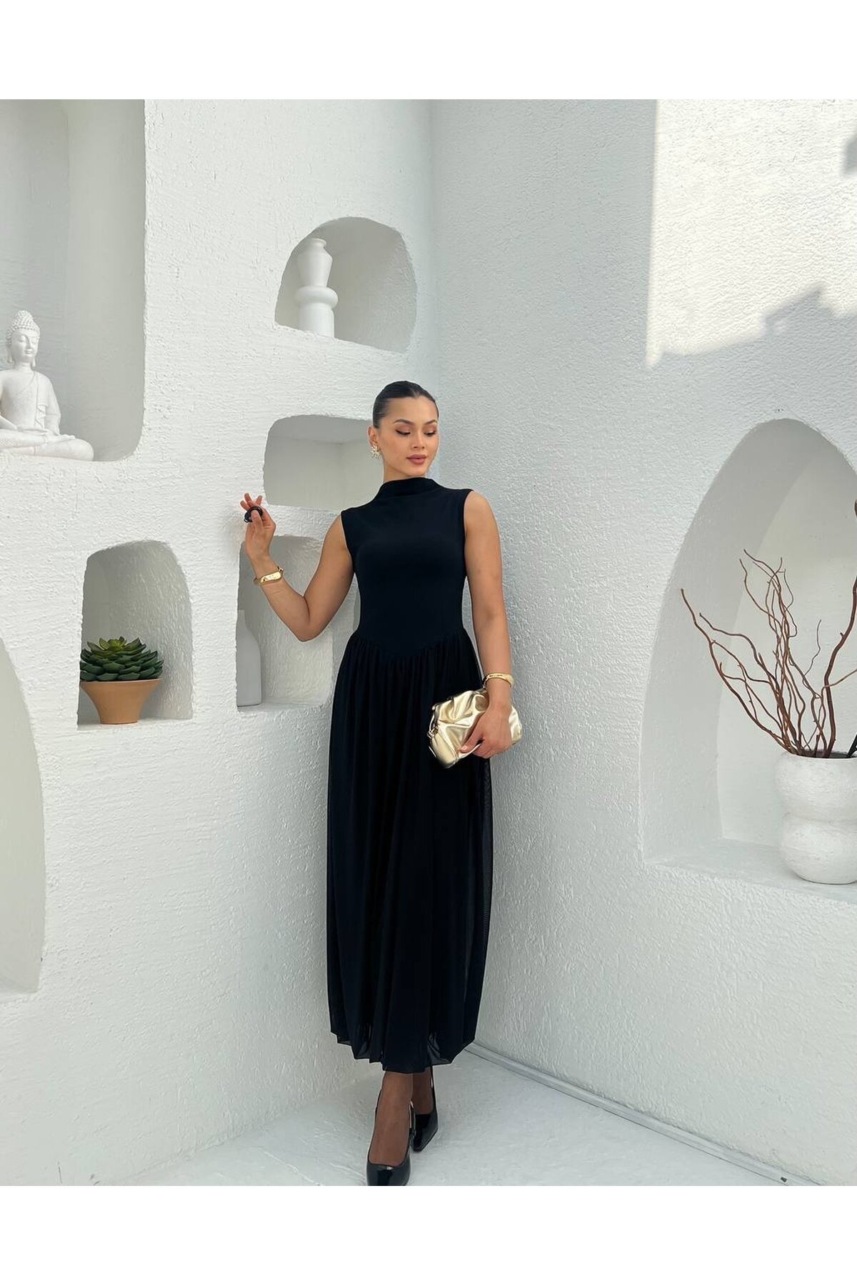 3881-SİYAH SIFIR KOL ETEĞİ TÜL ELBİSE