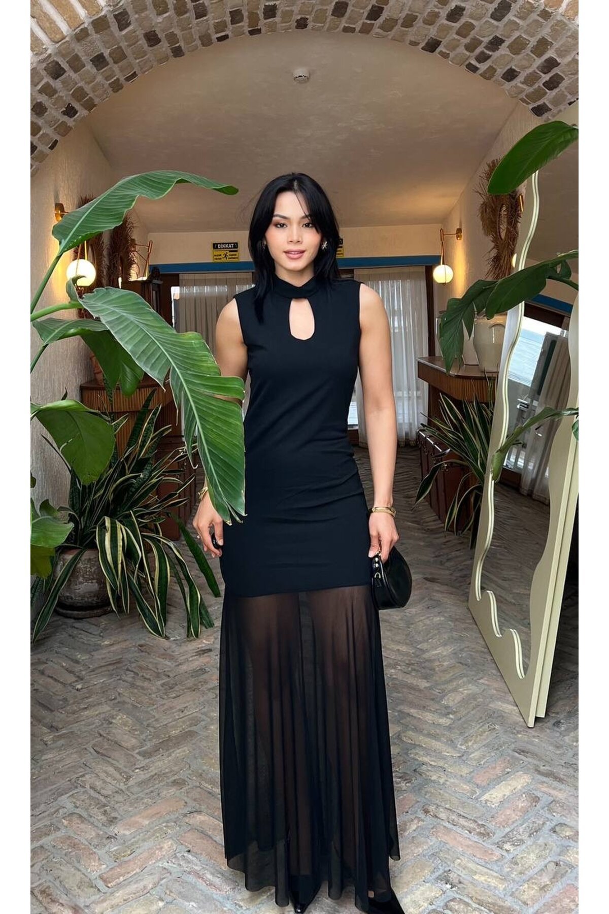 3882-SİYAH ÜSTÜ KREP ALTI TÜL ELBİSE