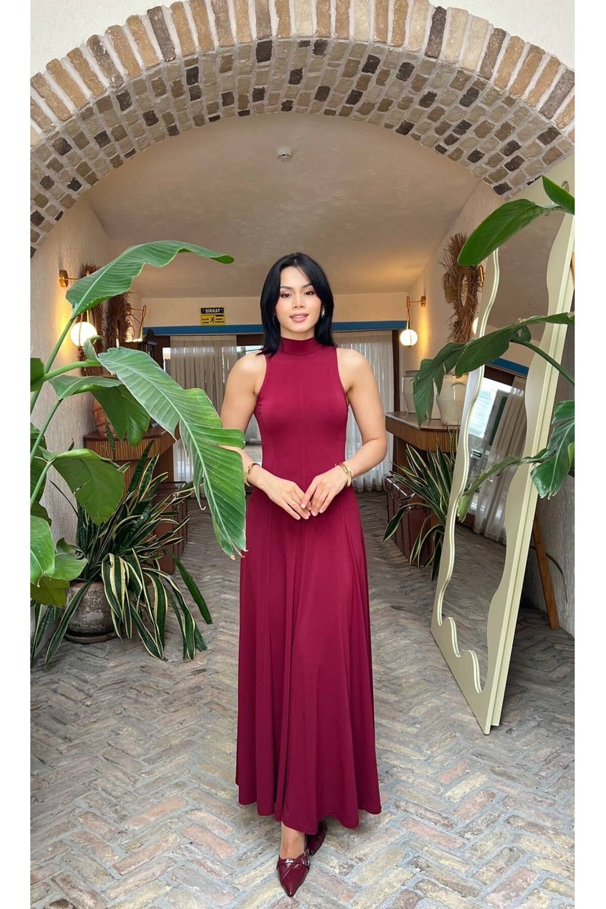 3888-BORDO SIFIR KOL BEZİK ELBİSE