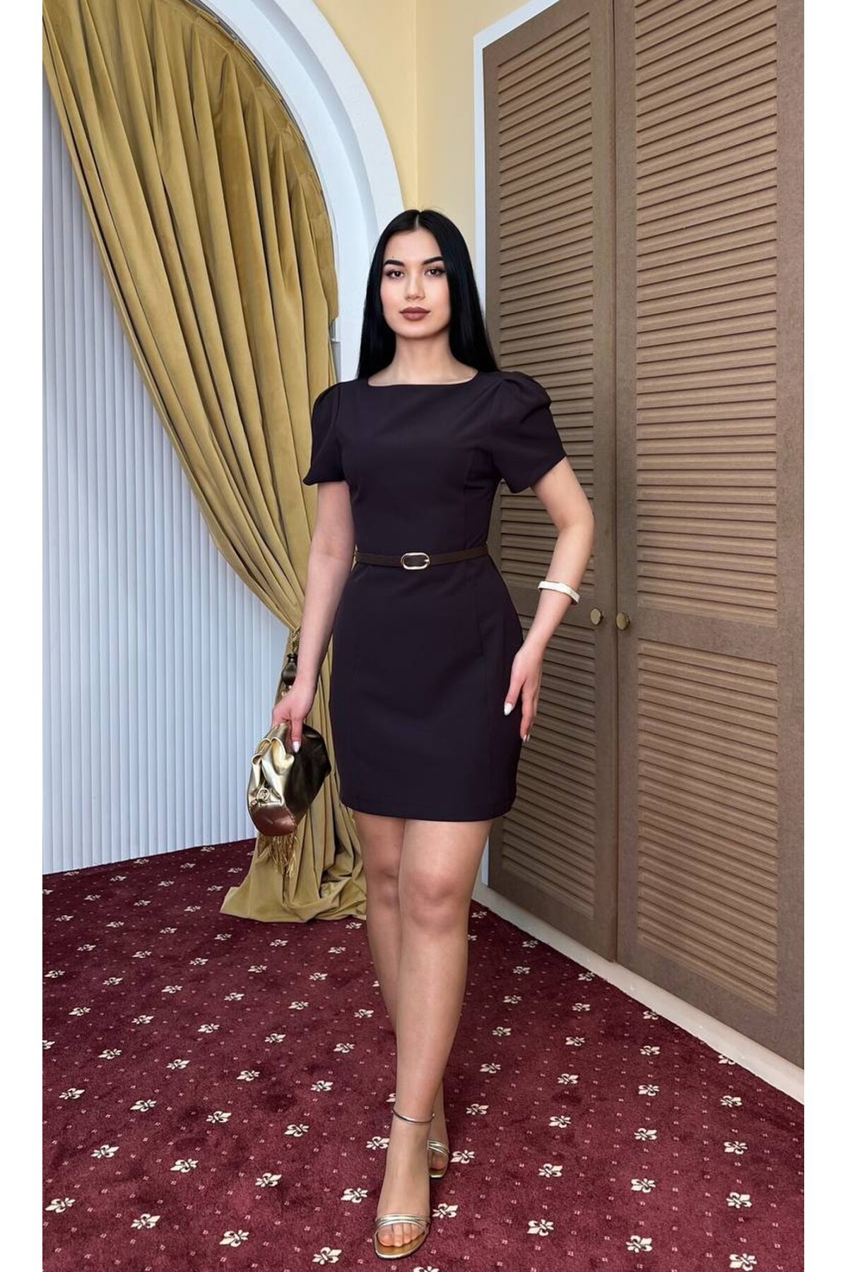 3904-KAHVERENGİ DOUBLE KUMAŞ PRENSES KOL ELBİSE