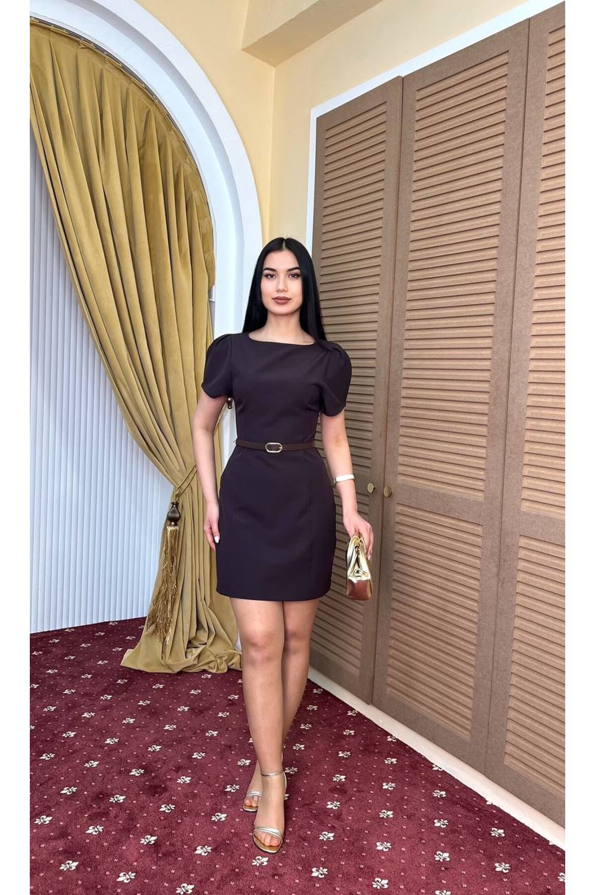 3904-KAHVERENGİ DOUBLE KUMAŞ PRENSES KOL ELBİSE