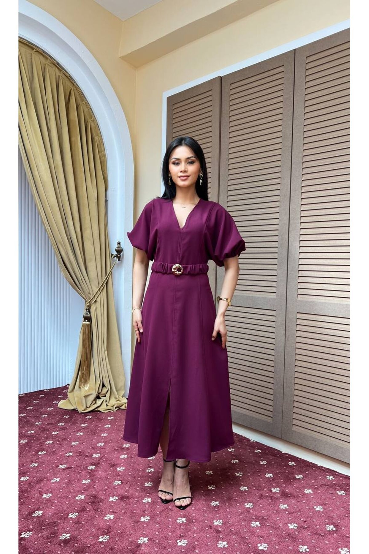 3909-BORDO DOUBLE KUMAŞ KENDİNDEN BROŞ KEMERLİ ELBİSE