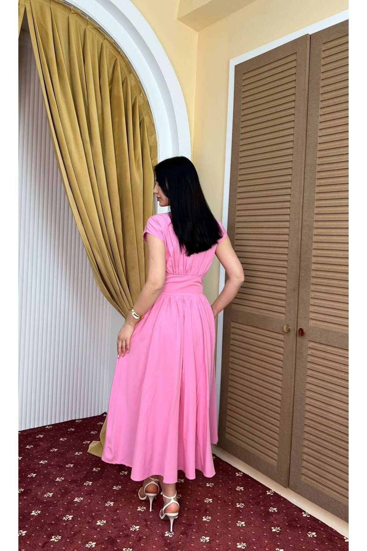 3924-PEMBE POPLİN KUMAŞ KOMPLE DÜĞMELİ ELBİSE