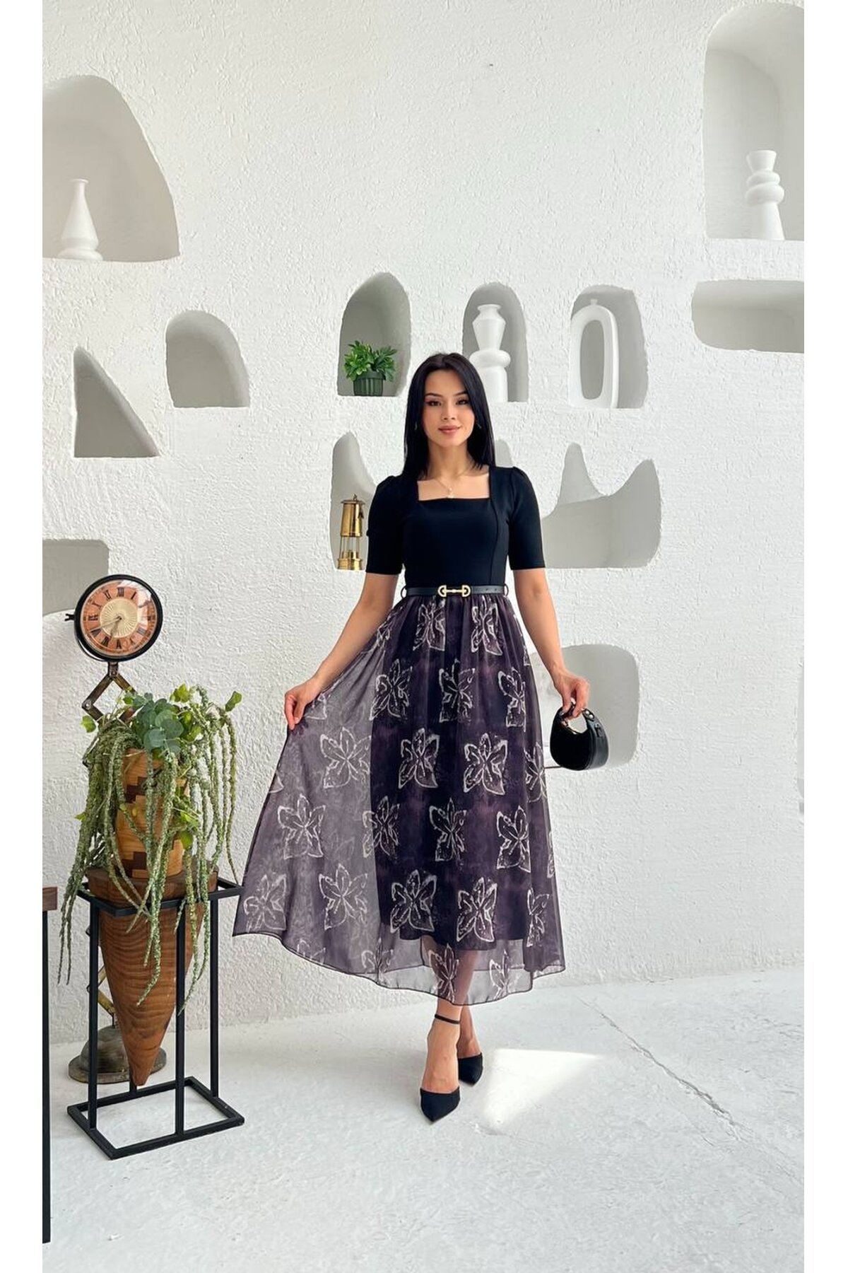 3931-SİYAH  ÜST KREP ALT ŞİFON ŞAL DESEN KISA KOL ELBİSE