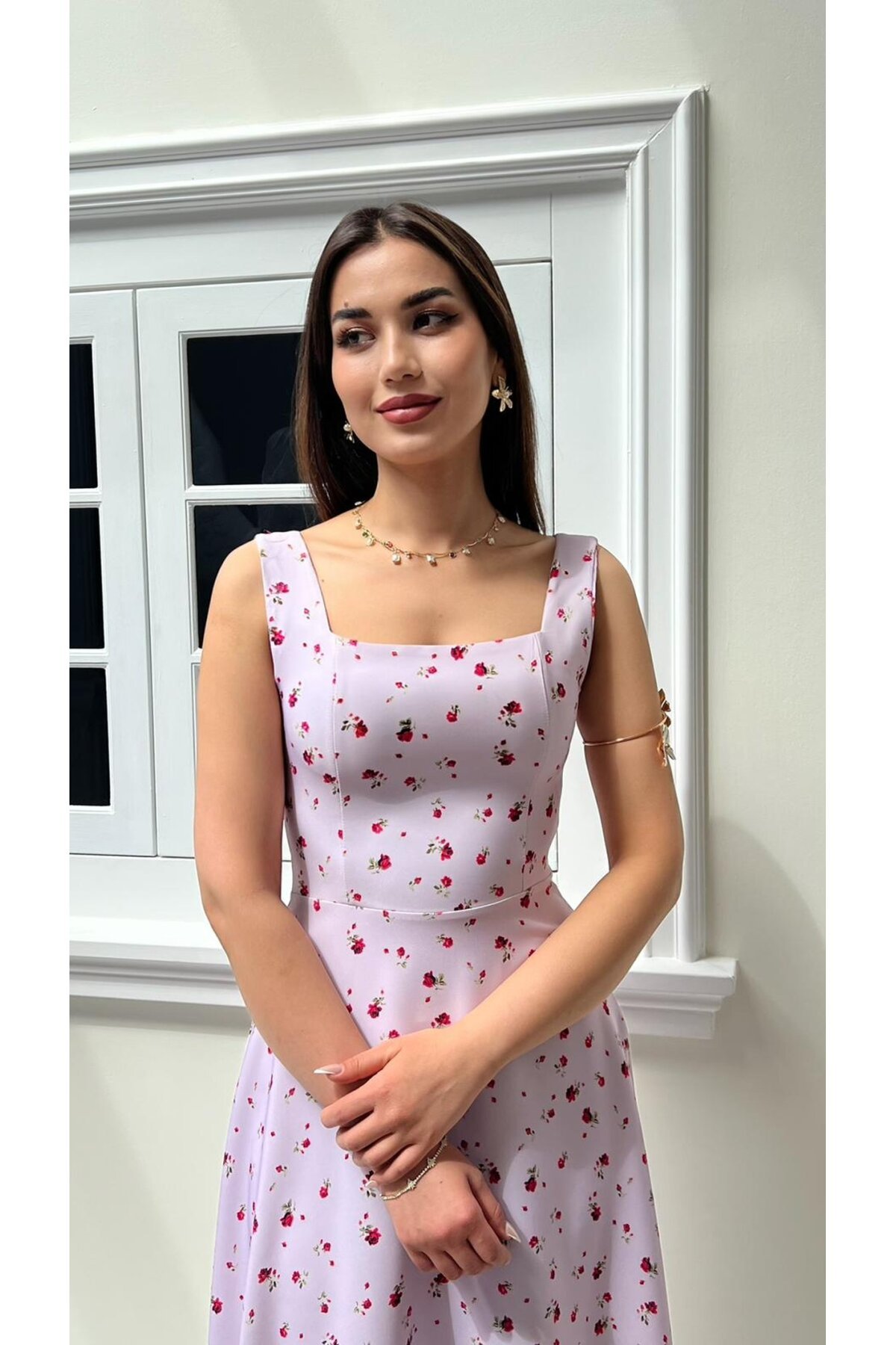4009- LİLA KALIN ASKILI ÇITIR ÇİÇEKLİ DOUBLE ELBİSE