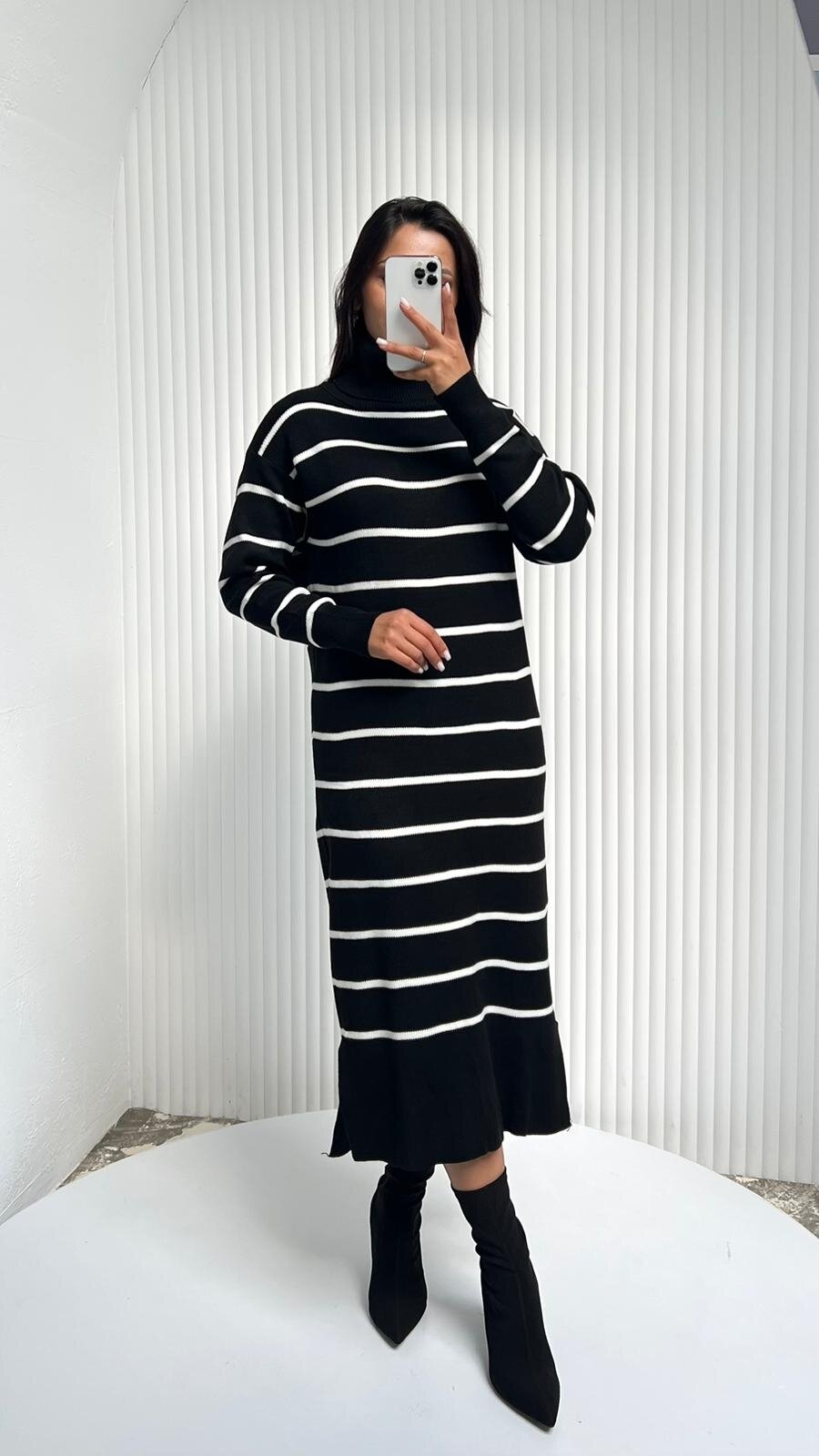 BALIKÇI YAKA ÇİZGİLİ TRİKO ELBİSE