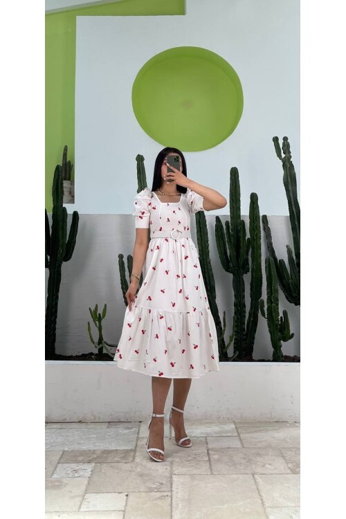 3007-KİRAZ DESEN KEMERLİ ELBİSE