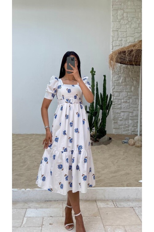 3007-ÇİÇEK DESEN KEMERLİ ELBİSE