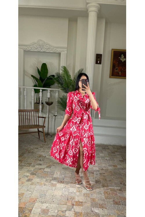 3026-KIRMIZI GÖMLEK YAKA KOL BÜZGÜ KISA KOL ELBİSE