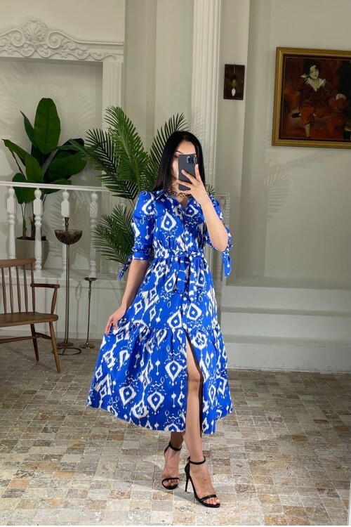 3026-SAKS GÖMLEK YAKA KOL BÜZGÜ KISA KOL ELBİSE