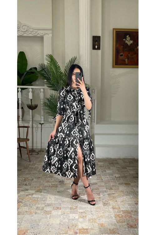 3026-SİYAH GÖMLEK YAKA KOL BÜZGÜ KISA KOL ELBİSE