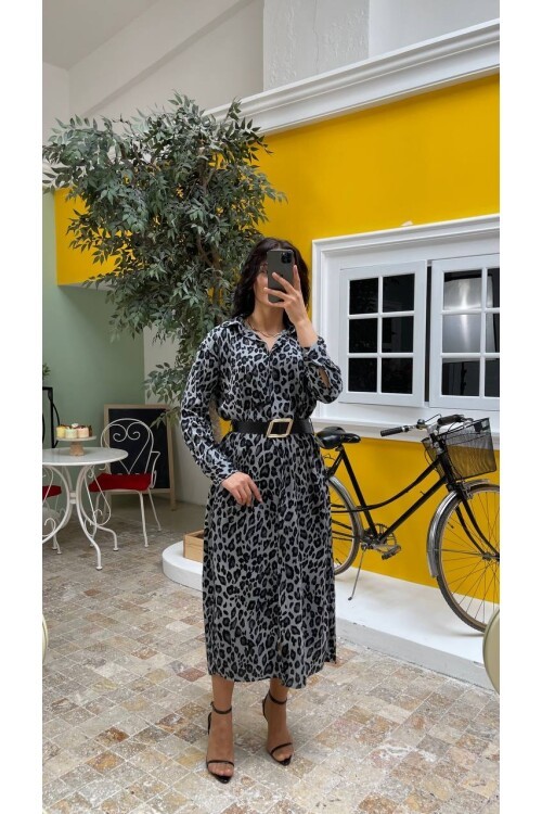 3034-LEOPAR GRİ GÖMLEK ELBİSE