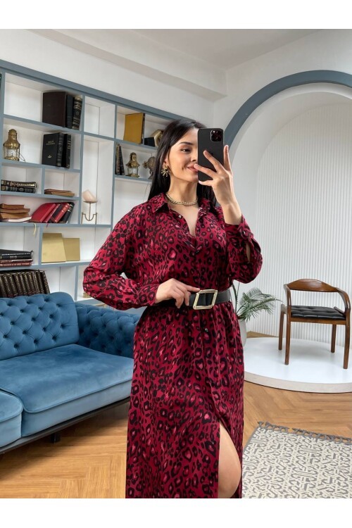 3034-LEOPAR KIRMIZI GÖMLEK ELBİSE
