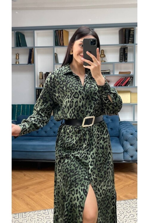 3034-LEOPAR YEŞİL GÖMLEK ELBİSE