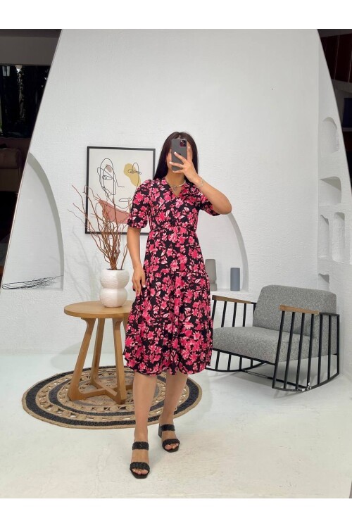 3058-PEMBE ÇİÇEKLİ ELBİSE