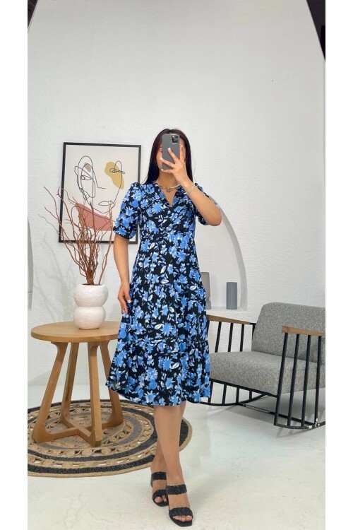 3058-SİYAH ÇİÇEKLİ ELBİSE