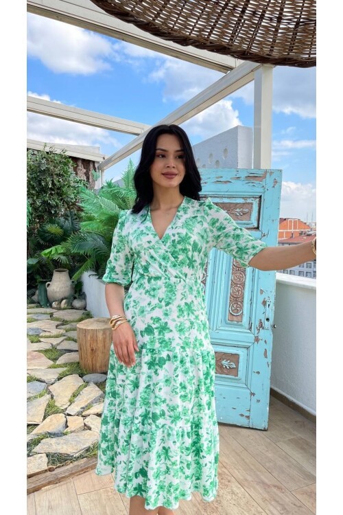 3058-YEŞİL ÇİÇEKLİ ELBİSE