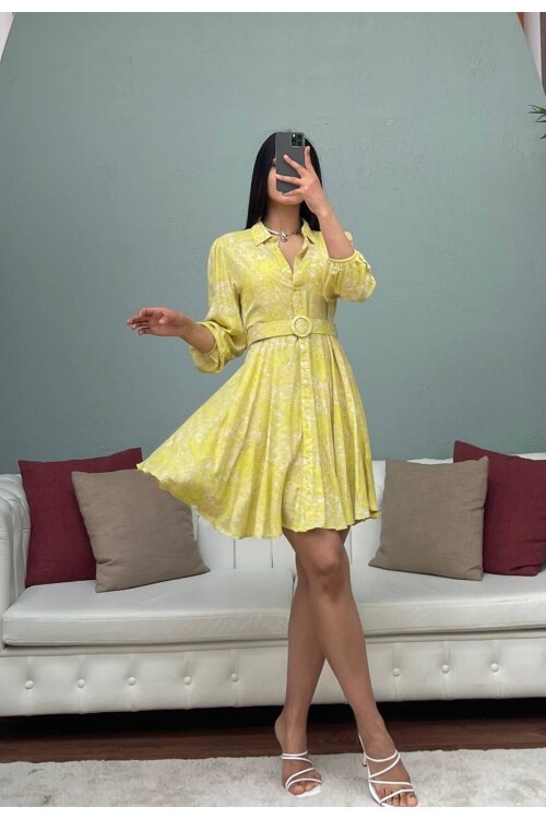 3065-SARI VOLANLI KISA VİSKON ELBİSE