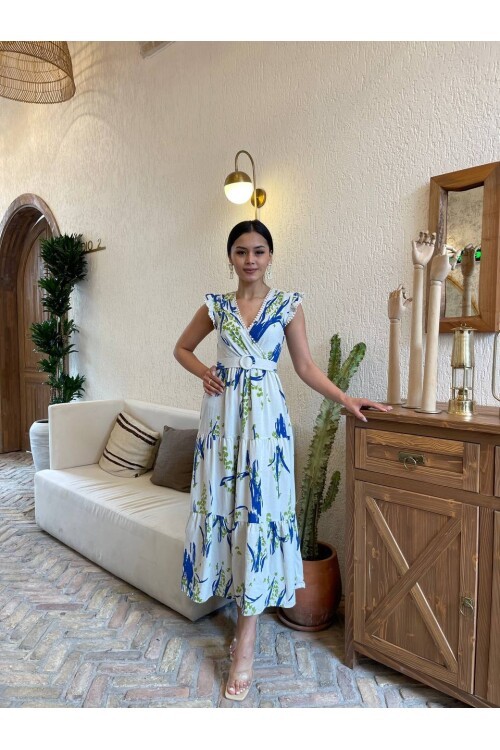 3073-MAVİ YAPRAK DESEN KEMERLİ ELBİSE