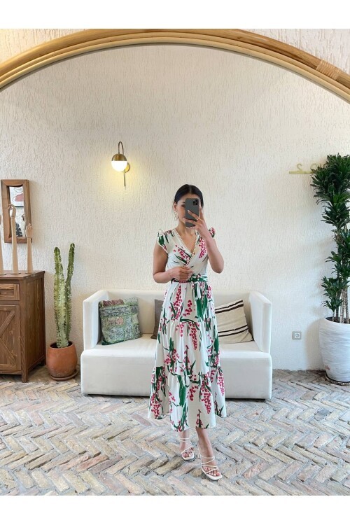 3073-YEŞİL YAPRAK DESEN KEMERLİ ELBİSE