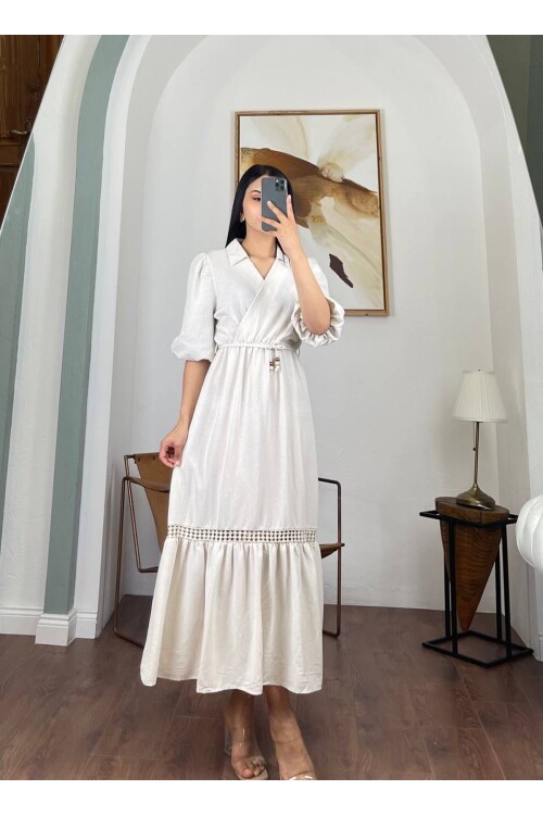 3079-BEJ DÜZ KETEN ALT DANTEL DETAYLI ELBİSE