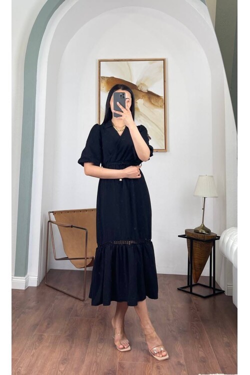 3079-SİYAH DÜZ KETEN ALT DANTEL DETAYLI ELBİSE