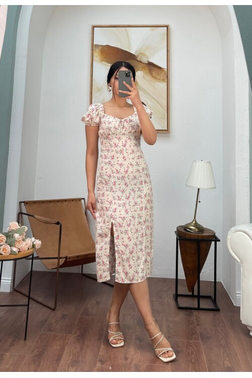 3092-BEJ ÇITIR DESEN UZUN VİSKON ELBİSE