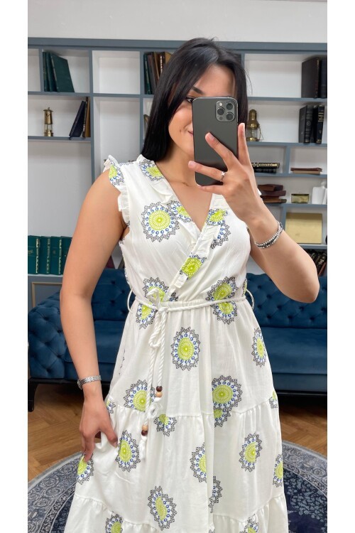 3098-OLİV SIFIR KOL KRİNKIL ÇİÇEK DESEN ELBİSE