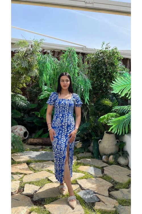 3142-SAKS FULL GİPELİ YANDAN YIRTMAÇLI ELBİSE